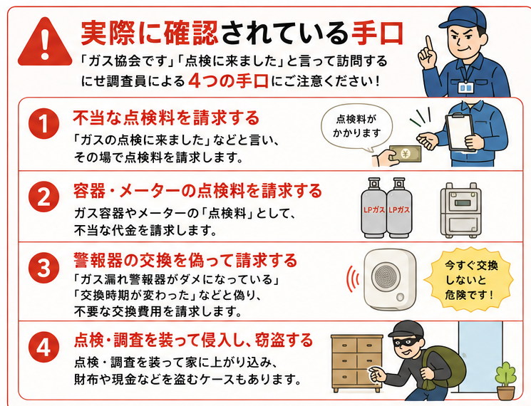 実際に確認されている4つの手口(不当な点検料請求・容器メーター点検料請求・警報器交換詐欺・窃盗)