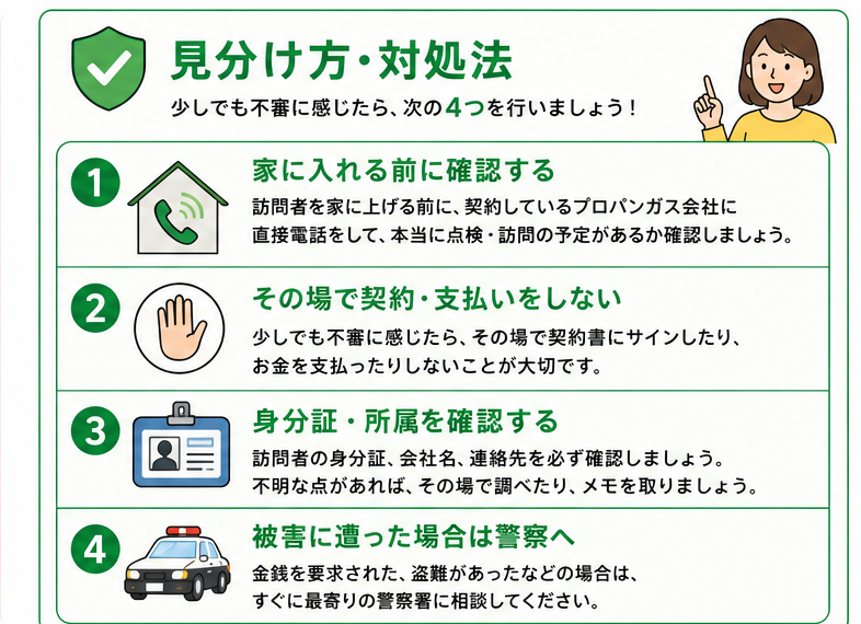 見分け方・対処法(家に入れる前に確認する・その場で契約支払いをしない・身分証確認・警察へ相談)
