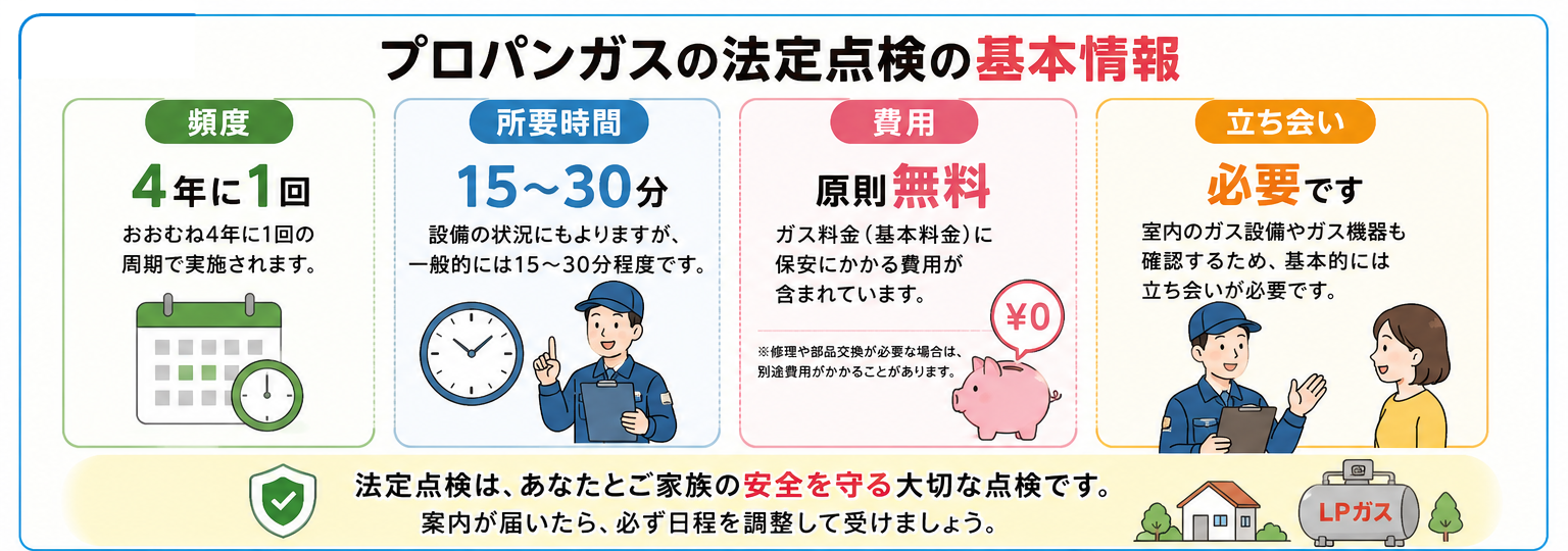 プロパンガスの法定点検の基本情報(頻度・所要時間・費用・立ち会い)をまとめたイラスト
