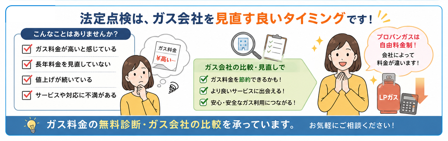 法定点検はガス会社を見直す良いタイミングであることを解説するイラスト