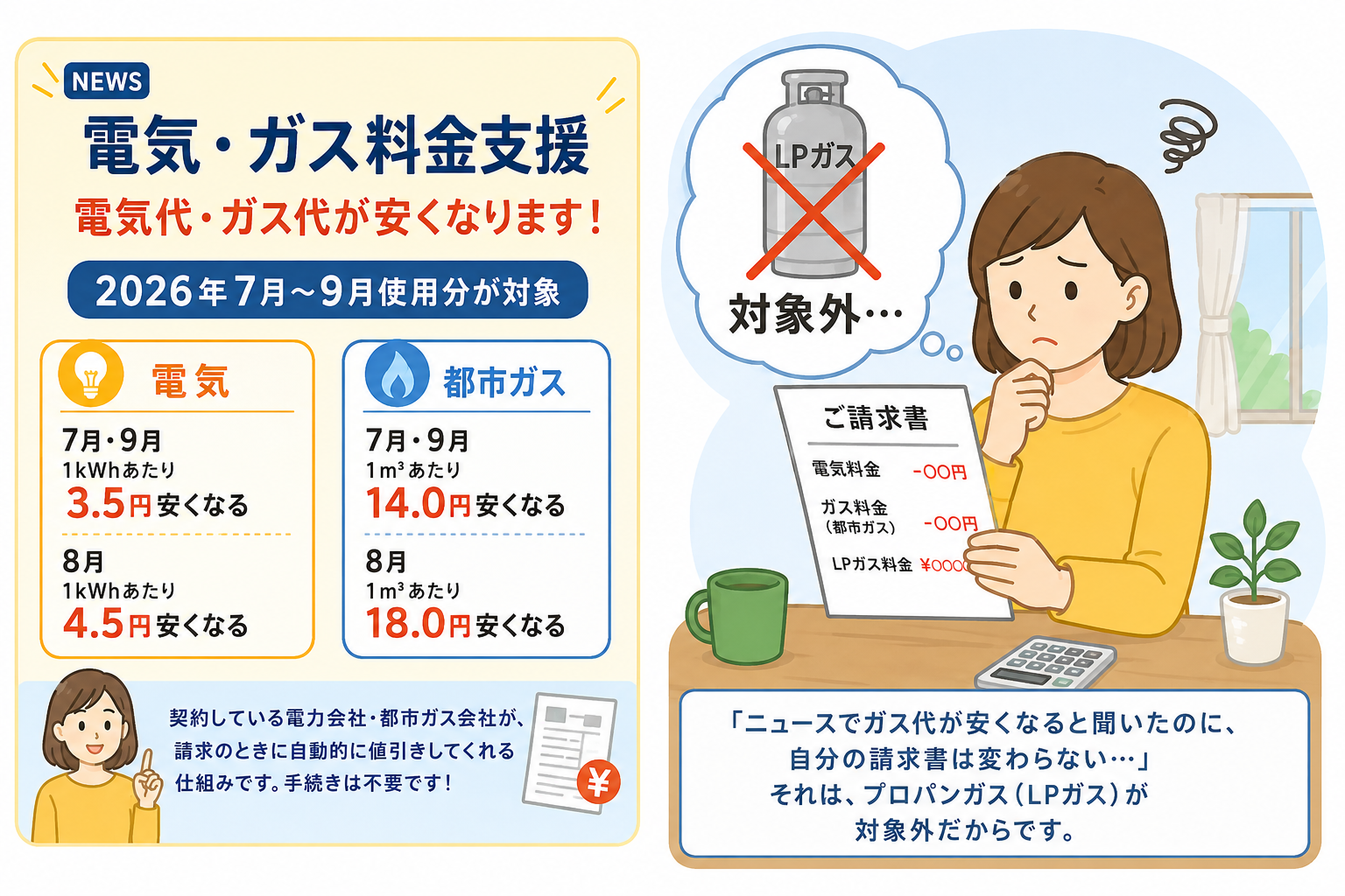 電気・ガス料金支援の制度概要と、プロパンガスは対象外であることに気づき困惑する女性のイラスト