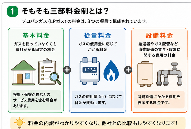 三部料金制の内訳図(基本料金・従量料金・設備料金)