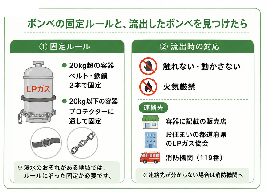 豪雨・浸水時のボンベ固定と流出時の連絡先